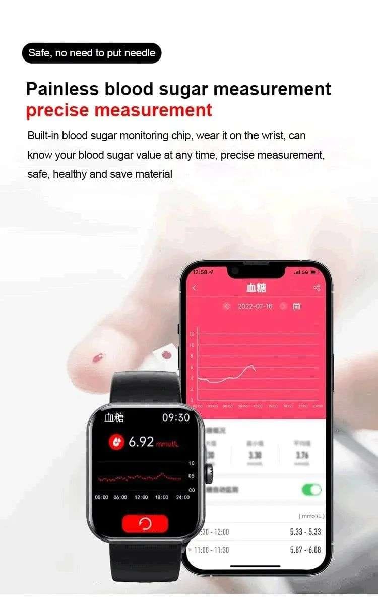All day monitoring of heart rate,blood sugar, and blood pressure Bluetooth fashion watch support 24 languages